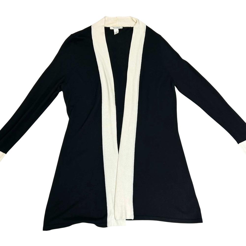 White House Black Market Black Ivory Cardigan Open Front Button Cuff Large